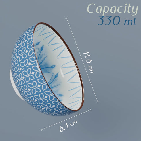 Blue Flower Printed Bowl Set of 4, 330 ML